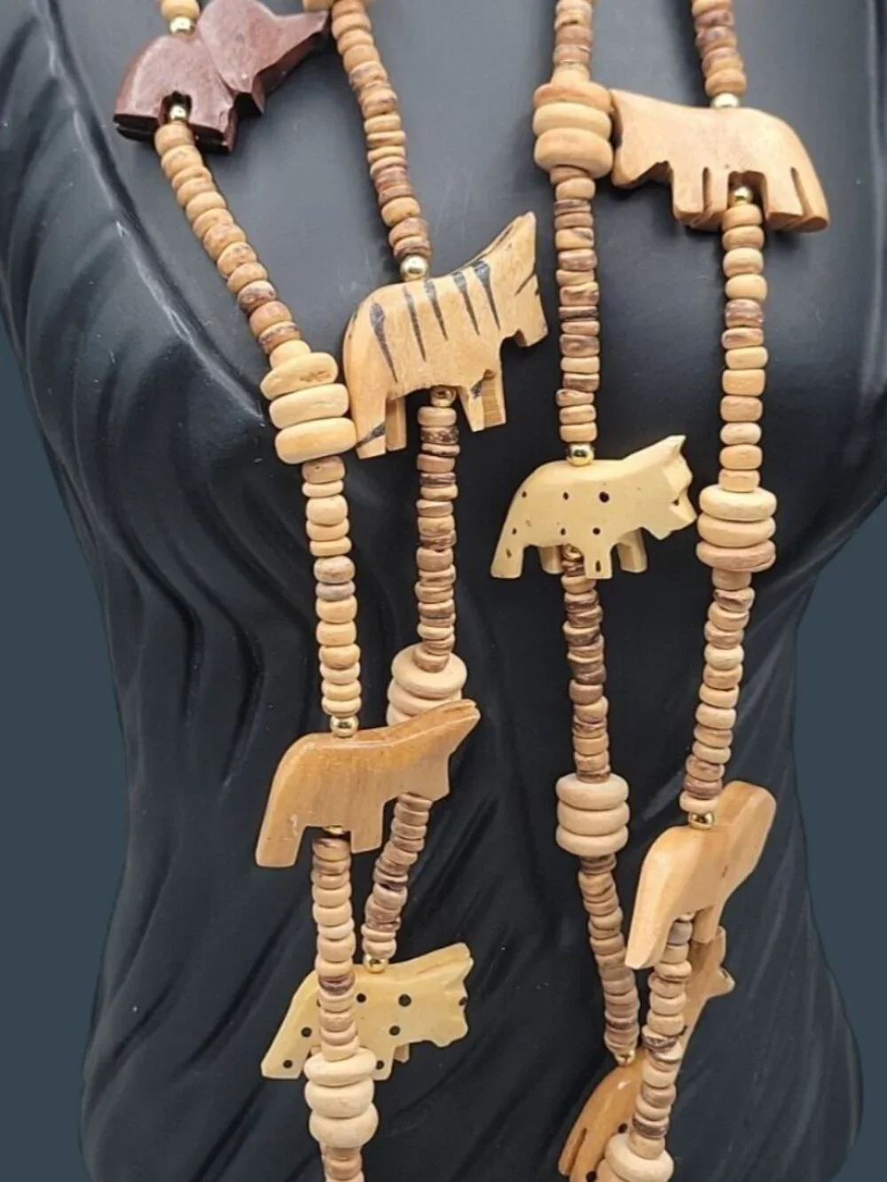 Vintage Double Strand Hand Carved Wooden Safari Animal 16